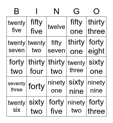 Number words Bingo Card