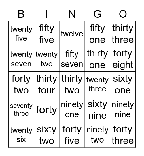 Number words Bingo Card