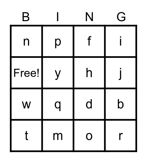 Lowercase Letters Bingo Card