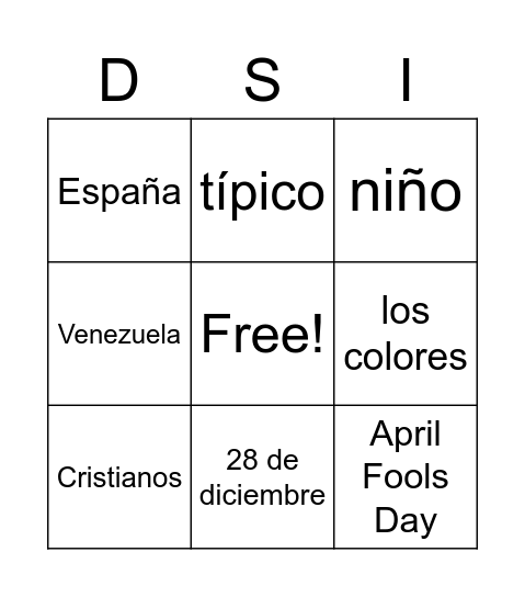 Spanish Bingo Card