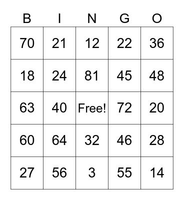 Multiplication Bingo Card