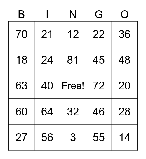 Multiplication Bingo Card