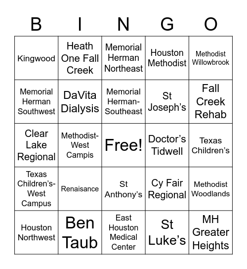 Hospital Bingo Card