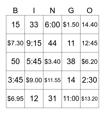 Numbers/Money/Time Bingo Card