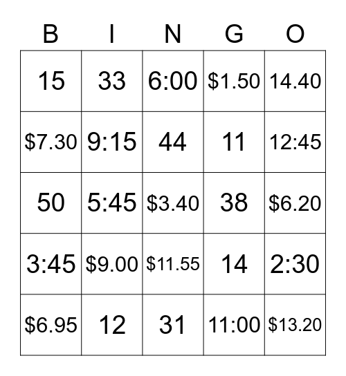 Numbers/Money/Time Bingo Card