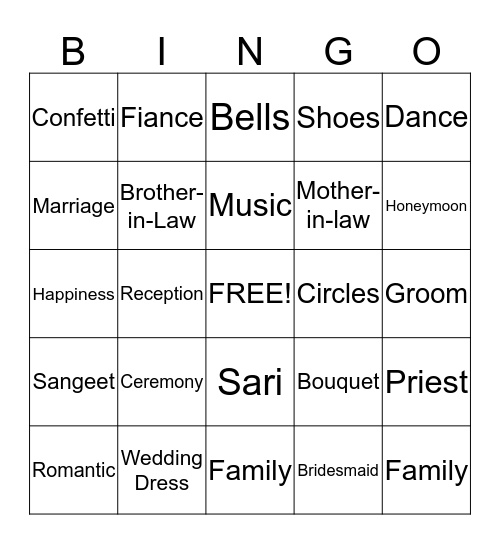 Unnati's Bride Bingo! Bingo Card