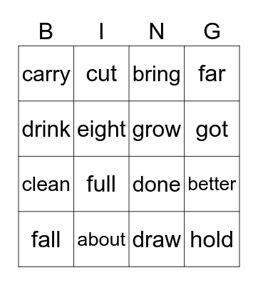 Sight Words Bingo Card