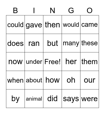 Sight Word Bingo Card