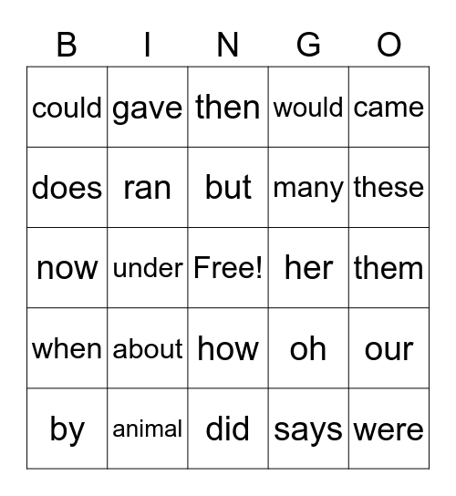 Sight Word Bingo Card