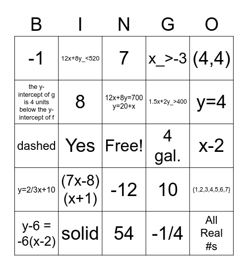 Warm-up Review Bingo Card