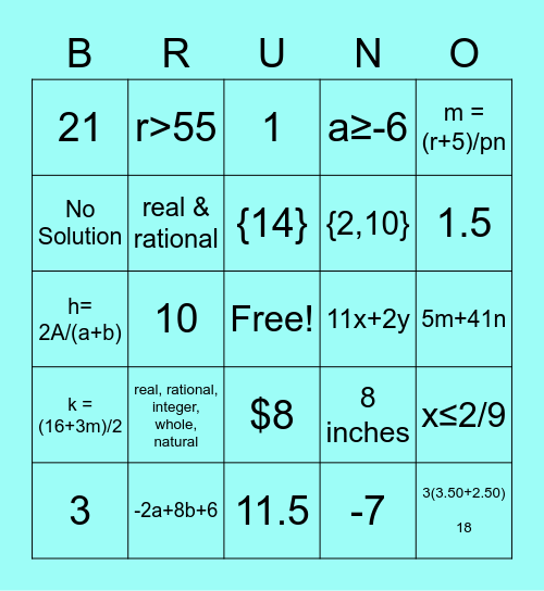 Alg 2 Chap 1 Review #1-30 Bingo Card