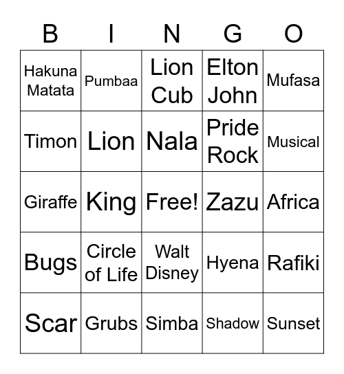 The Lion King Bingo Card
