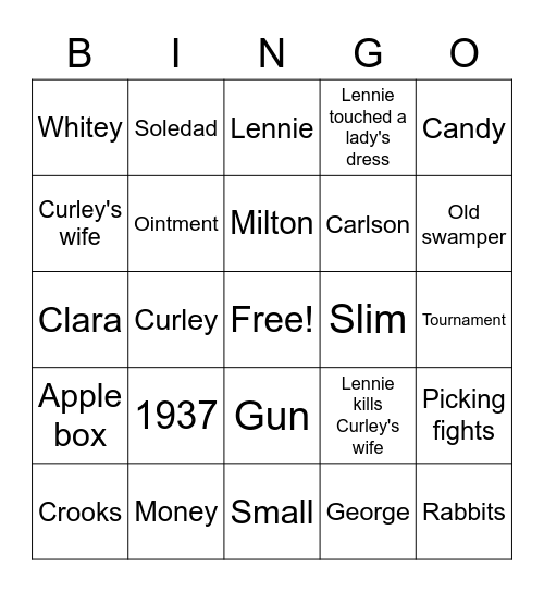 Of Mice and Men Bingo Card