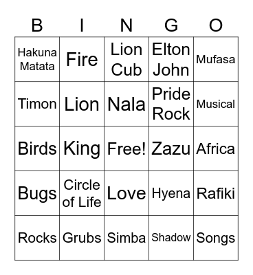 Lion King Bingo Card