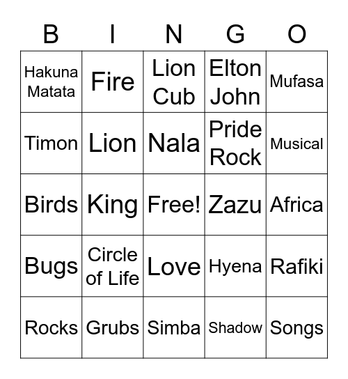 Lion King Bingo Card