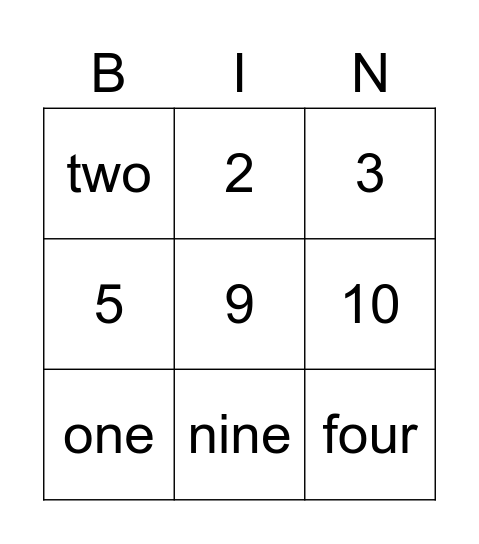 0-10 Number Bingo Card