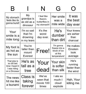 Hyperbole Bingo Card