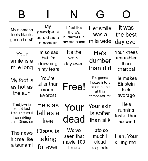 Hyperbole Bingo Card