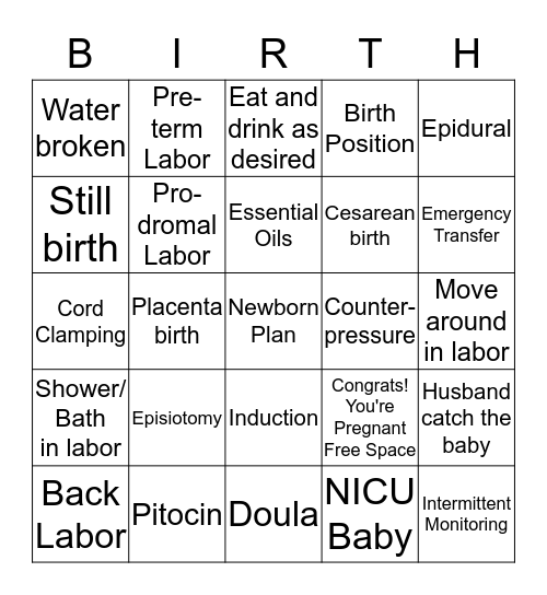 Birth Plan BINGO! Bingo Card