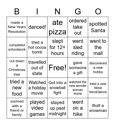 Winter Break Activities Bingo Card