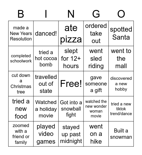 Winter Break Activities Bingo Card