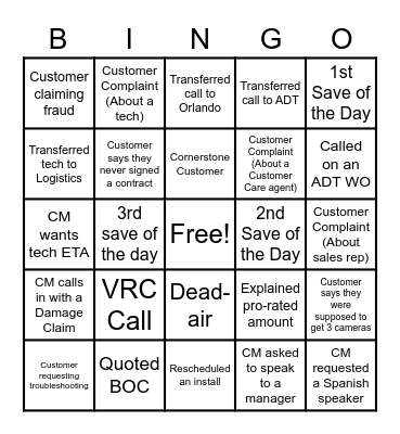 Customer Care Bingo Card