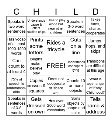 Early Childhood Development: 2-5 Year Olds Bingo Card