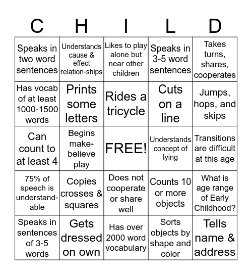 Early Childhood Development: 2-5 Year Olds Bingo Card