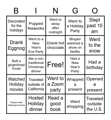 Winter Break Bingo Card