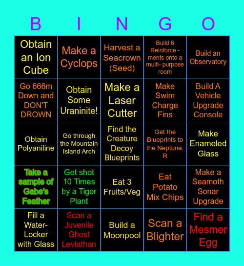 Subnautica Bingo Card