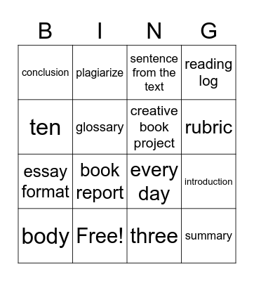 Book Project Bingo Card