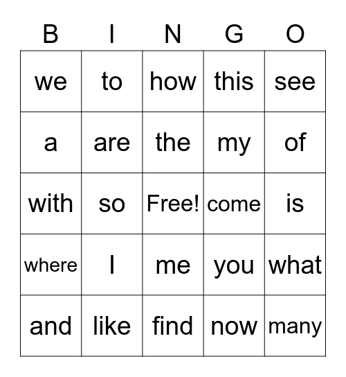 Sight Word Bingo Card