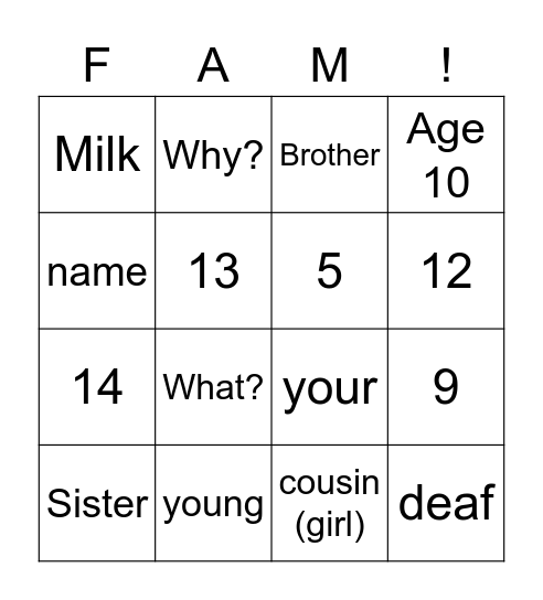 Family Signs Bingo Card