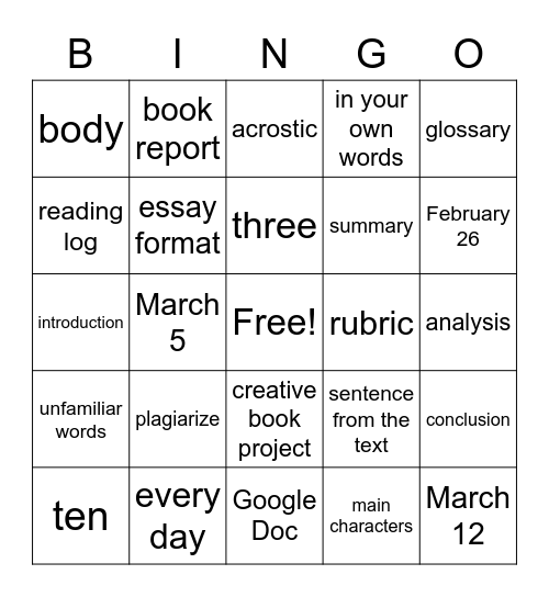 Book Project Bingo Card