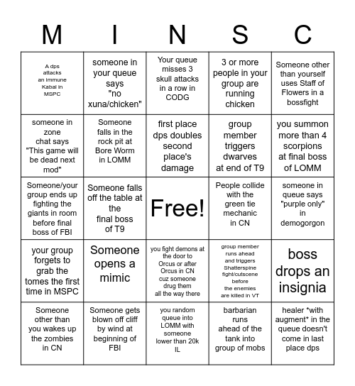 Neverwinter Bingo Card