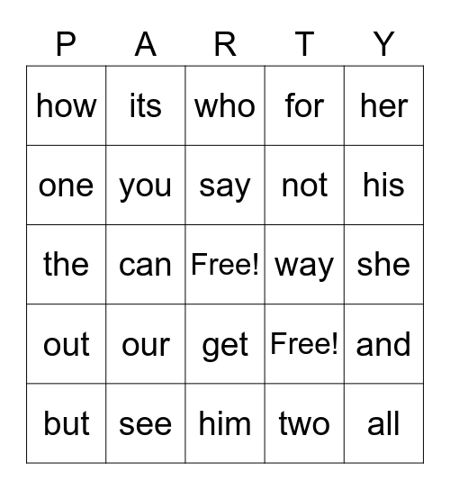 party time Bingo Card