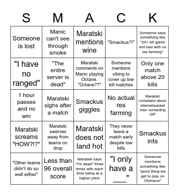 Team Smack Bingo Card