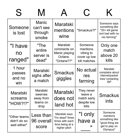 Team Smack Bingo Card