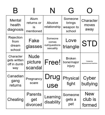 Degrassi Bingo Card