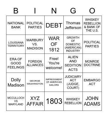 EARLY REPUBLIC Bingo Card