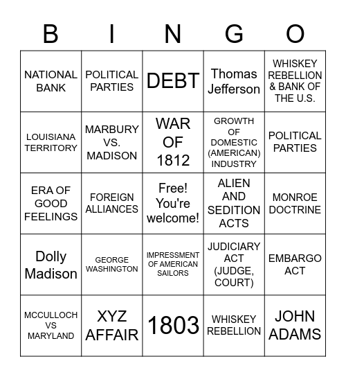 EARLY REPUBLIC Bingo Card