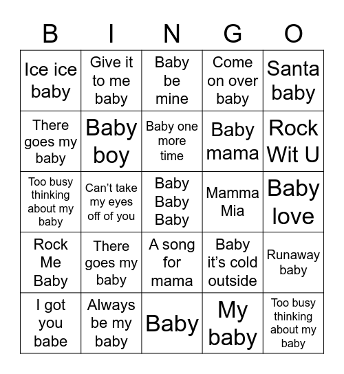 Baby Music Bingo Card