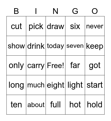 Sight Words Bingo Card