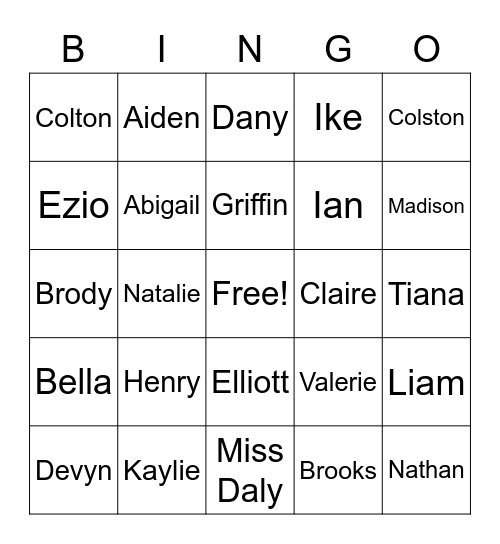 FIRST NAME BINGO Card