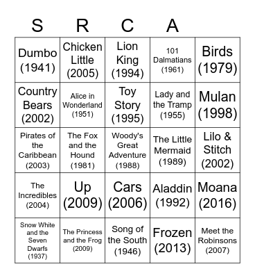 DISNEY FILMS PT 1 Bingo Card