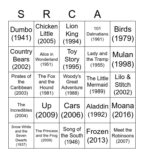 DISNEY FILMS PT 1 Bingo Card