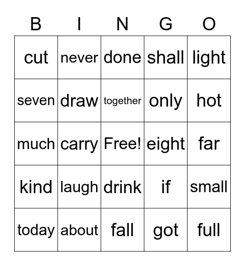 Sight Words Bingo Card