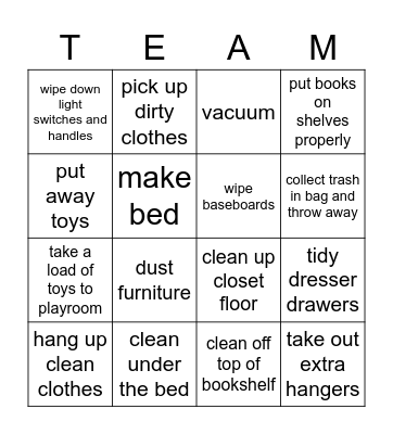 Clean Room Bingo Card
