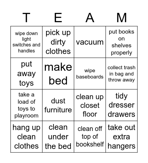 Clean Room Bingo Card