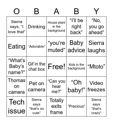 Sierra’s Baby Shower Bingo Card